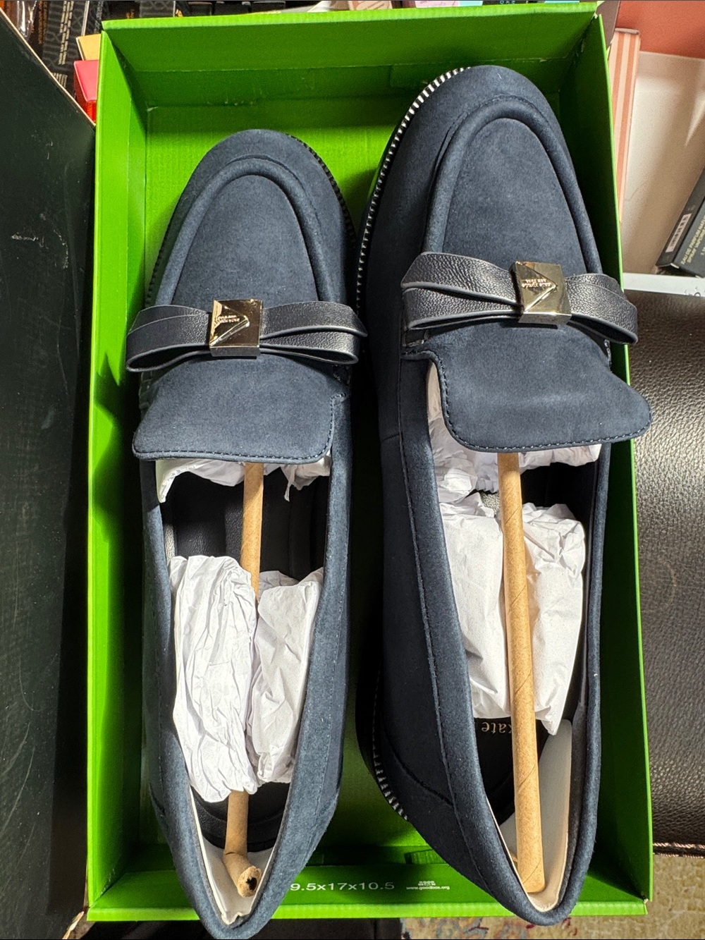 kate spade Men's Navy Suede Bow Loafers with Gold Accent